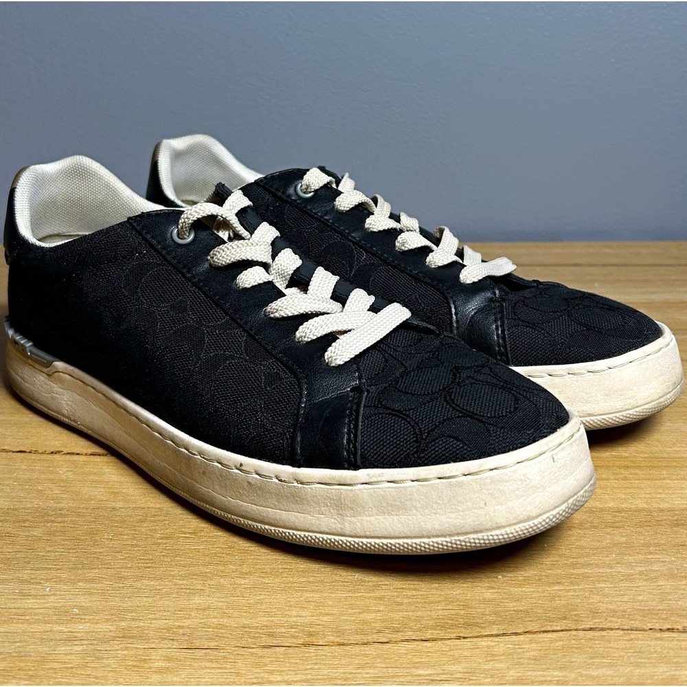 Coach Leather Clip Black White Jacquard Monogram Lace Up Low Top Sneakers
